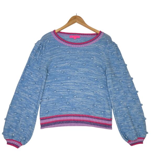 Lilly Pulitzer Verna Blue Peri Marl Metallic Pom Pom Preppy sz L Bell Sleeve - Picture 2 of 7